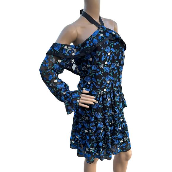 Alexia Admor Floral Embroidered Off-Shoulder Halter Dress, Black & Blue, Size 8 - Picture 4 of 12